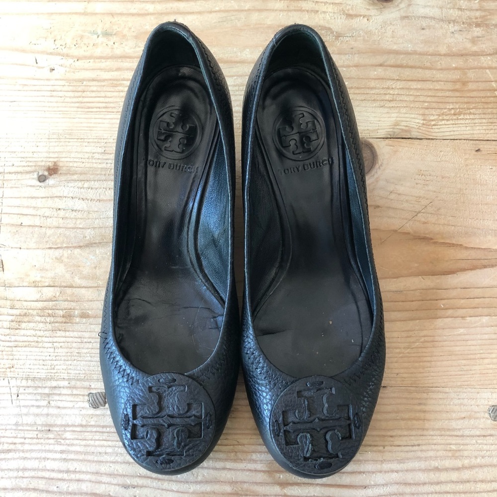 Tory Burch Black Leather Wedges Size 6.5